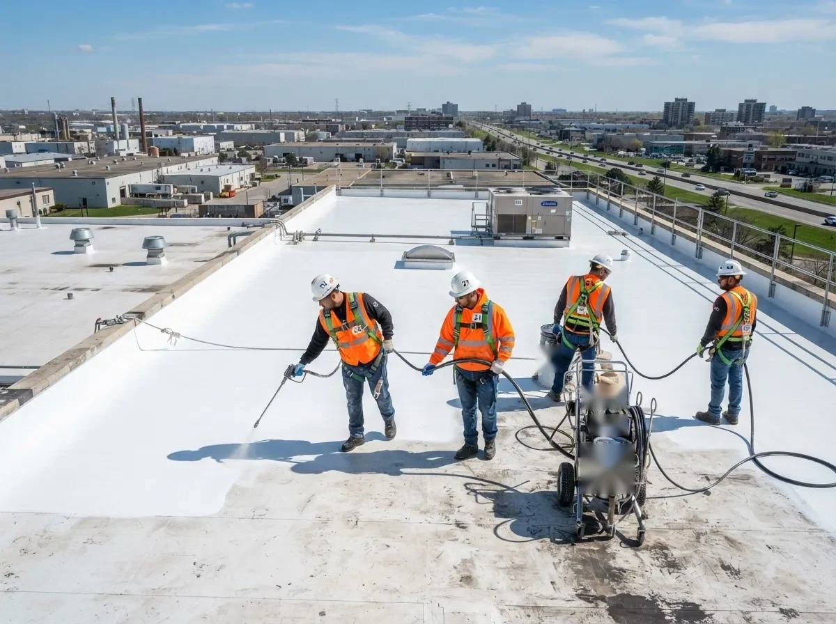Crew applying a roof coating on a flat commercial roof Crew applying a roof coating on a flat commercial roof